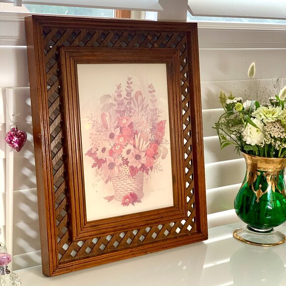 Vintage HOMCO Lattice Wood Frame w/ Floral Print – Mid Century Wall Decor 17x21 - Picture 1 of 8